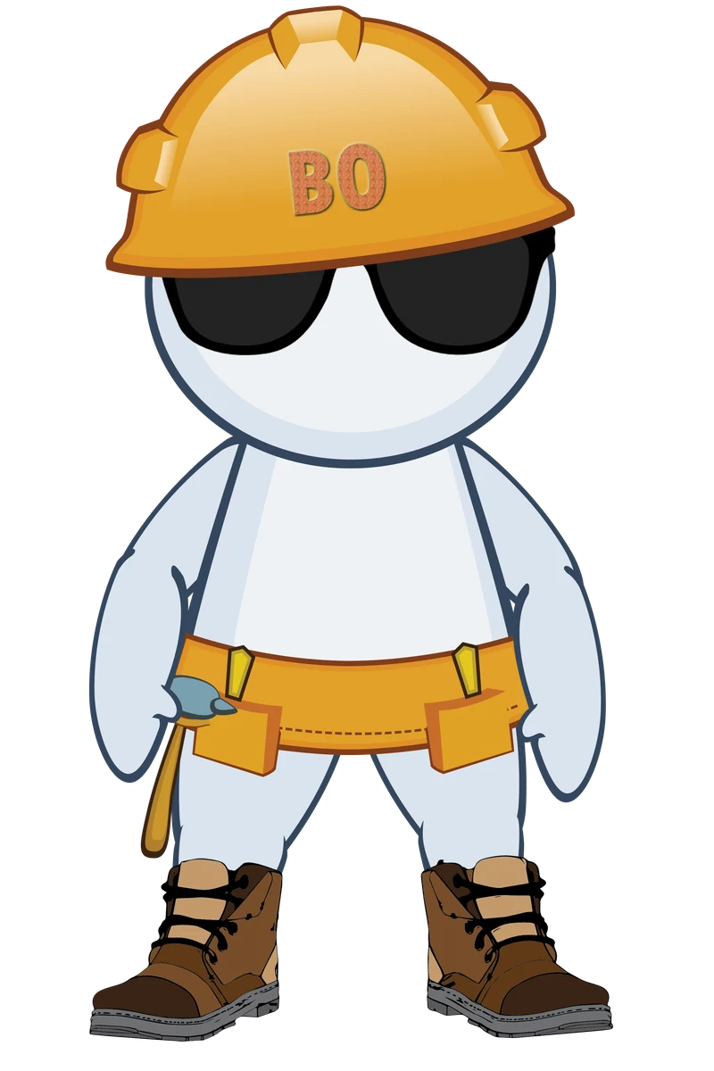 Bingo-Opoly's hard-hat mascot in sunglasses and work boots