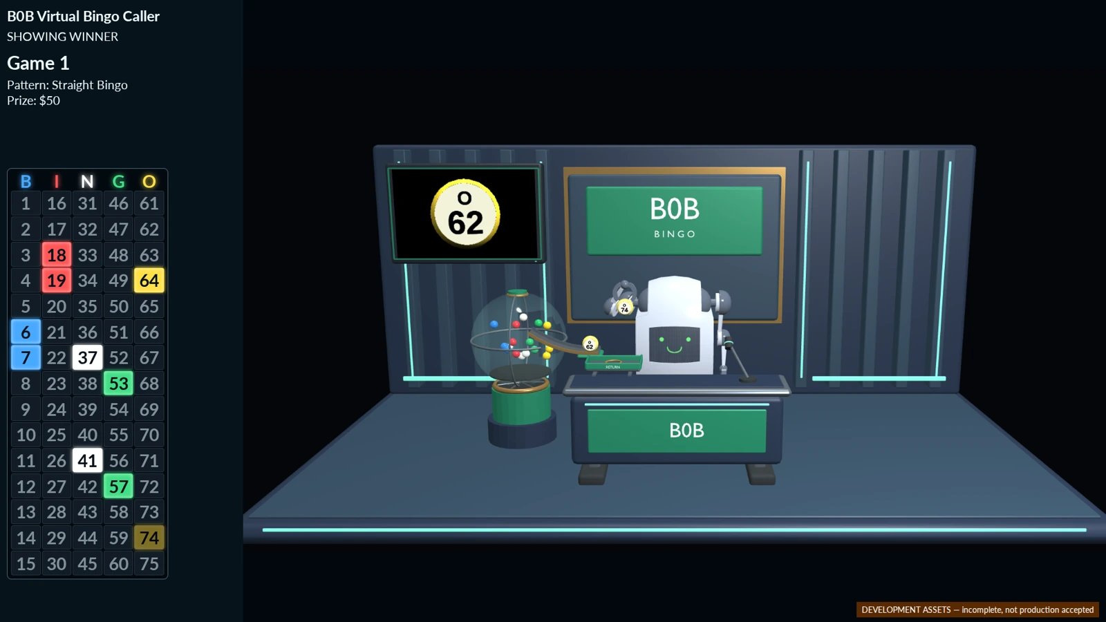 BOB robot host preview at his bingo desk with the hopper, number display and callboard