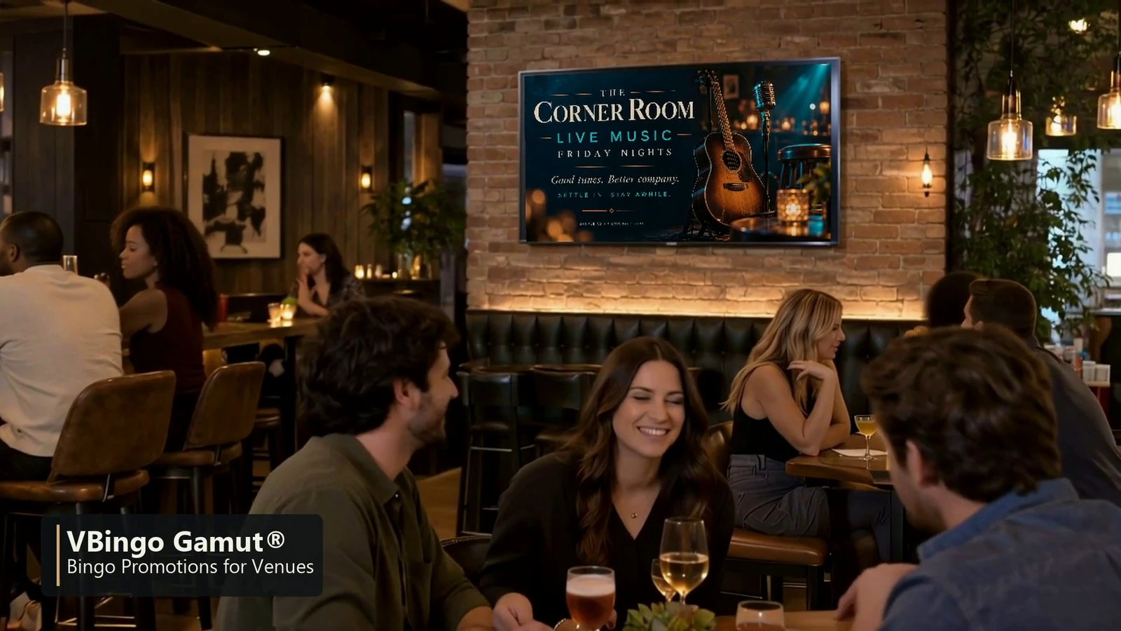 Illustrative venue display carrying a local advertisement before the bingo event
