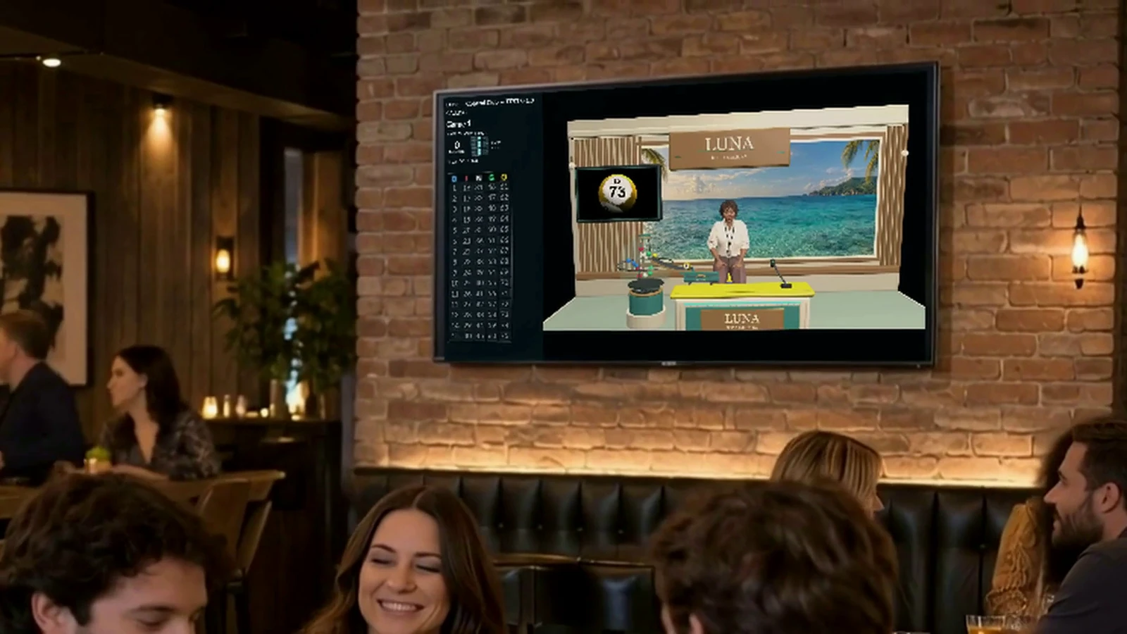 The same illustrative venue screen presenting Luna and the bingo callboard