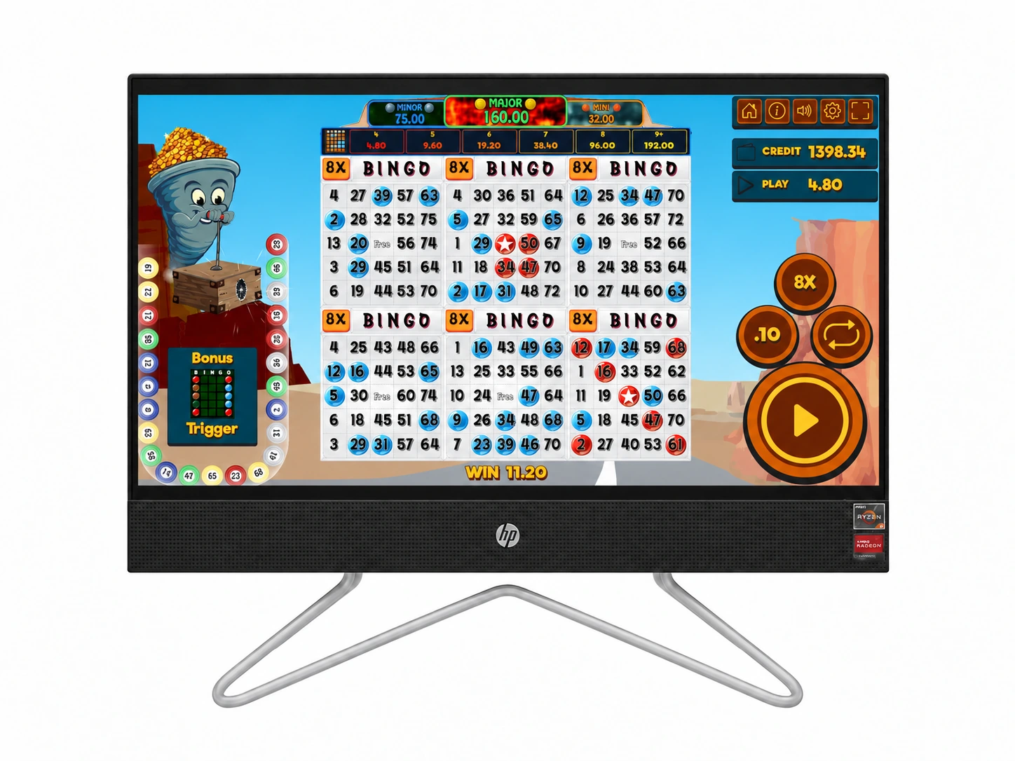 All-in-one touchscreen player station displaying Tornado More
