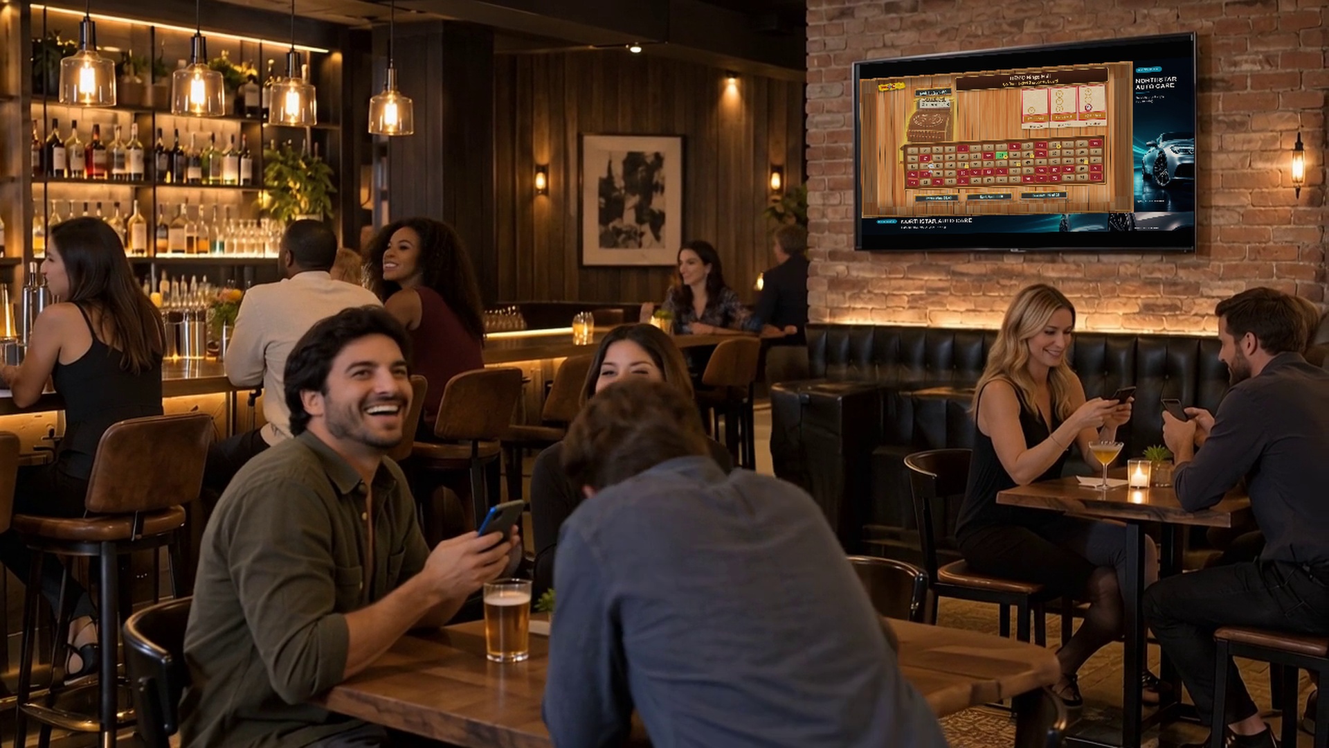 Illustrative Bingo-Opoly screen with sponsor placements in a social venue